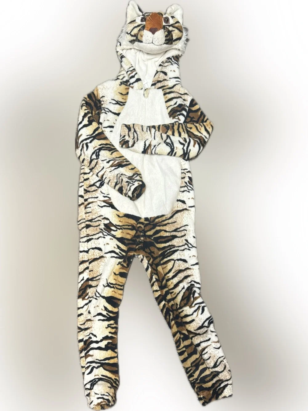 Kids Tiger Plush One-Piece Hooded Brown/White Suit | Sz 7-8